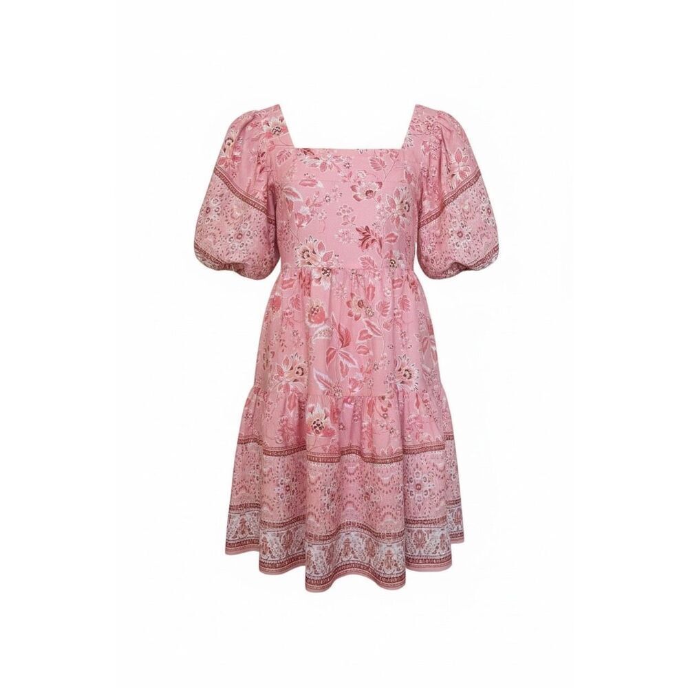NWOT Band Of The Free Floral Puff Sleeve Tiered Babydoll Mini Dress Pink Size XS